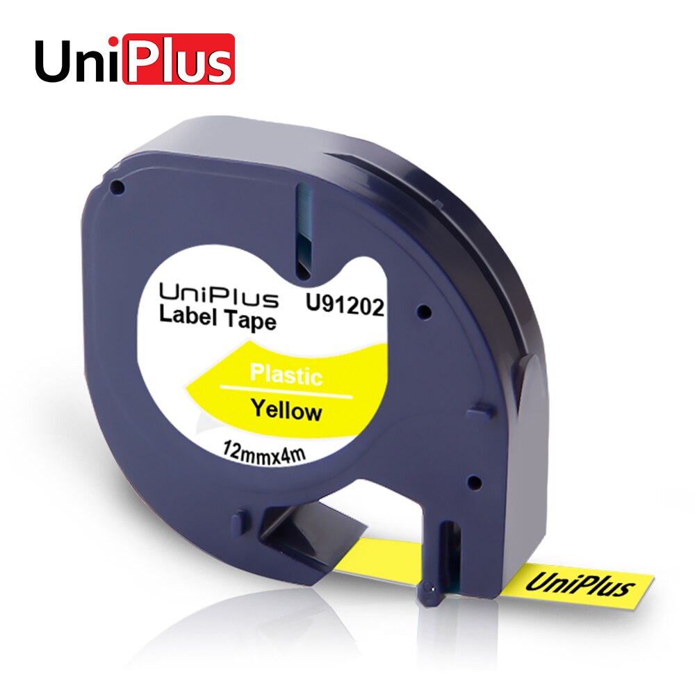 UniPlus-cintas de etiquetas para impresora Dymo Letratag, negro sobre amarillo, LT 91332, 12mm, LT-100H, QX50, Labelmaker de plástico