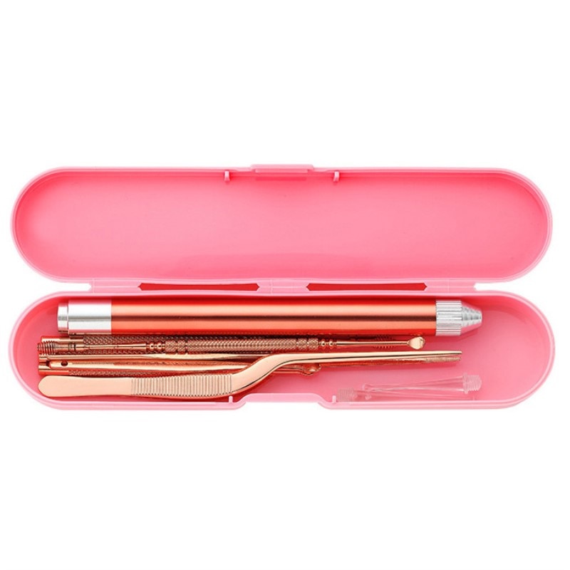 8pcs set Lighing Ear Wax Picker Stainless Steel LED light pick Earwax Remover Curette Ear Care Cleaner Spoon Illuminate Tool Kit