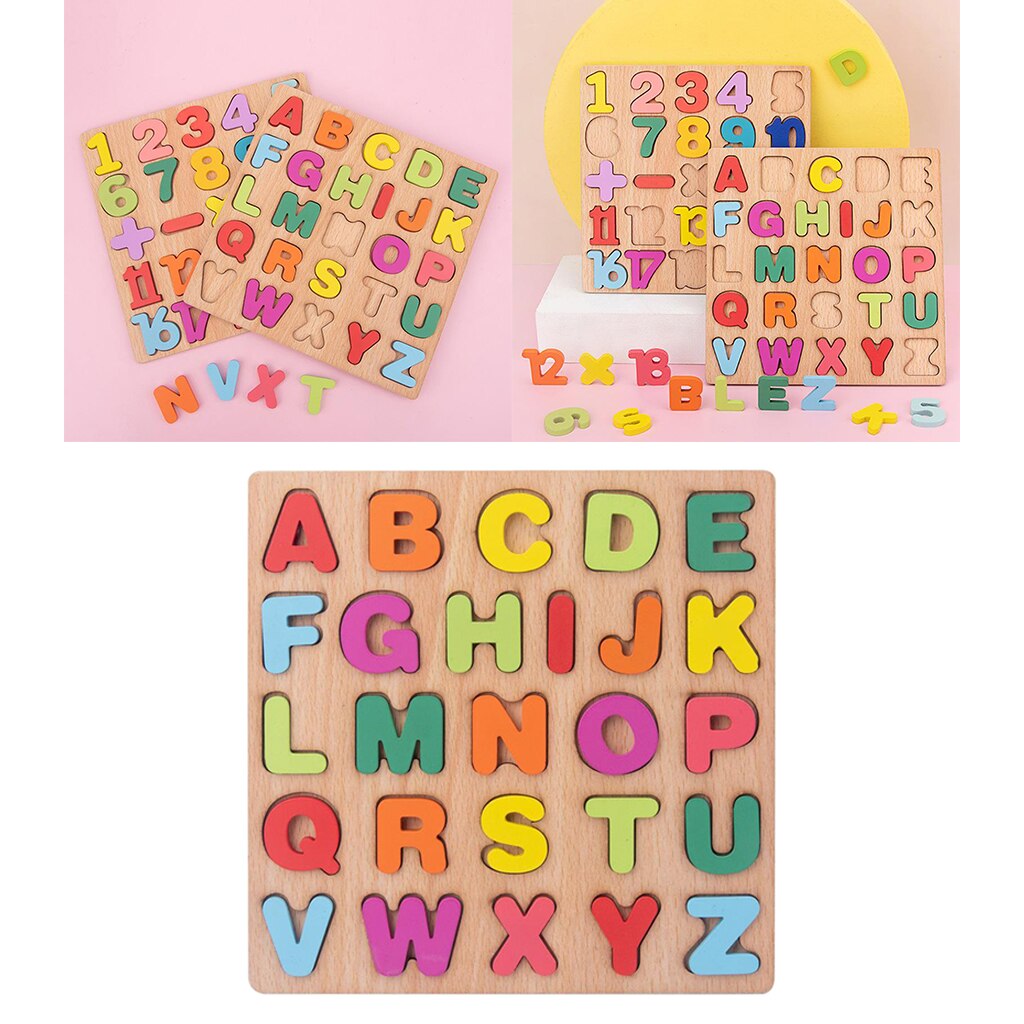 Wooden Board Colorful ABC Alphabet Number 3D Puzzle Kids Early Educational Toy Matching Letter Family Game Toys