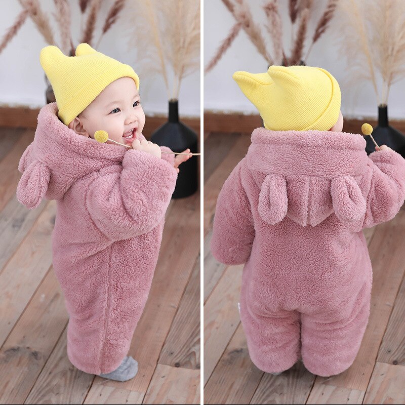 Criança do bebê macacão de inverno engrossar flanela macacão recém-nascido capuz urso macacão infantil menino menina algodão roupas crianças ano novo casaco: Pink / 3M