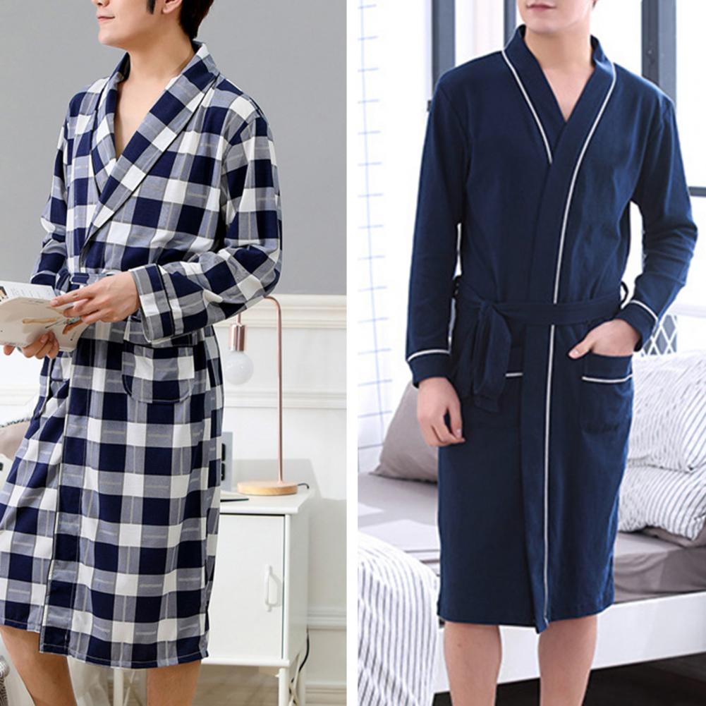 Bata de baño informal para hombre, ropa de dormir con bolsillos de bloque de Color suave, de manga larga, bata de casa,