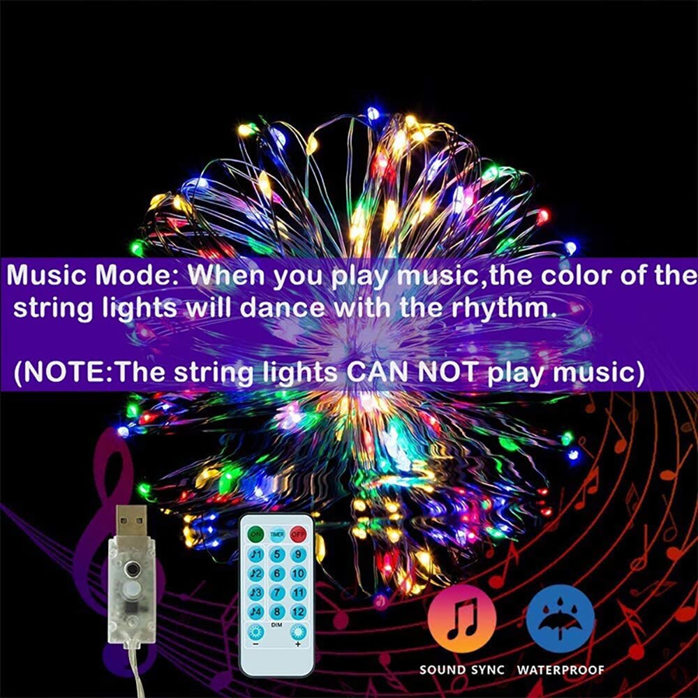 100 Leds Lights Music Rhythm USB Copper Wire Light Strings IP65 Waterproof IR Remote Control Party Decor Led strip