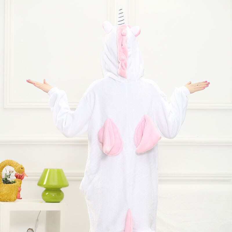 Pink White Unicorn Onesie Women Girl Animal Kigurumis Flannel Sleep Jumpsuit Cute Funny Overalls Winter Warm Suit Adult Child