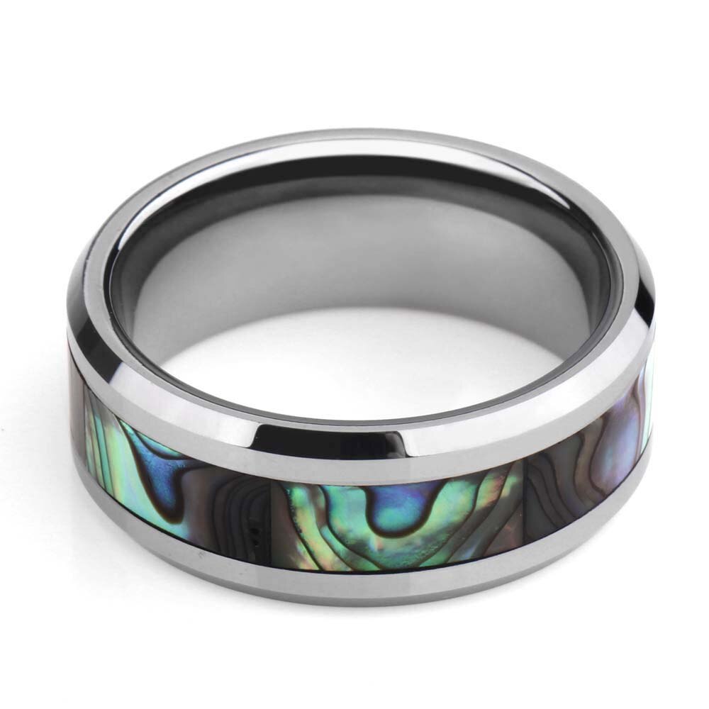 Somen Ring Men 8mm Tungsten Ring Green Abalone Shell Inlay Finish Beveled Wedding Band Engagement Rings Women Jewelry