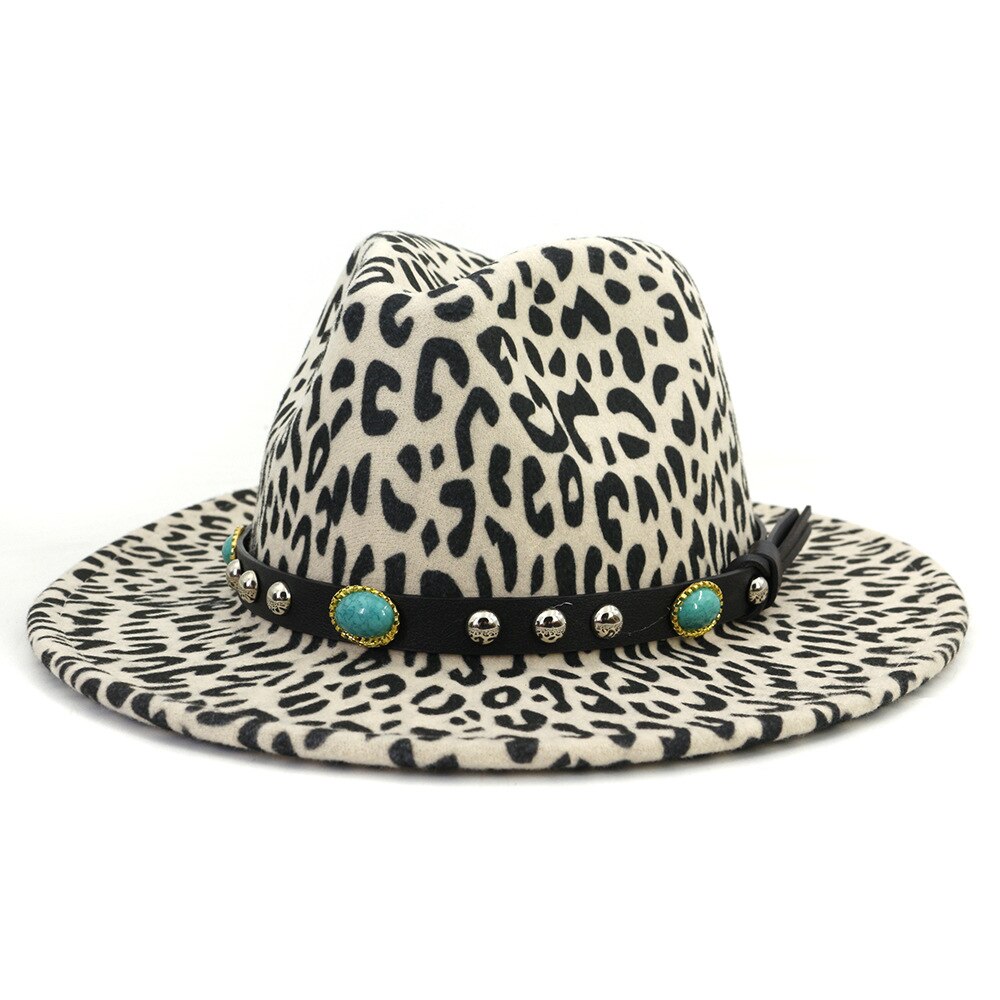 Qbhat unisex europeisk stil dam ull fedorahattar med turkos läder band bred brätte leopardmönstrad jazz filt hatt: Beige