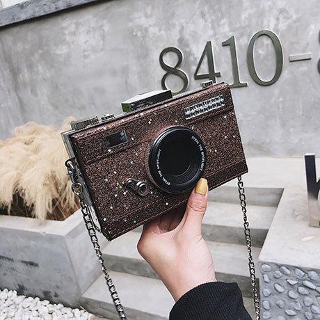 Persoonlijkheid tas dames messenger bags pailletten camera casual pu leren clutch ketting handtas crossbody schoudertassen bolsas: Koffie