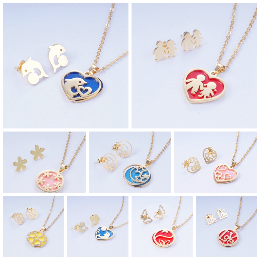 Yunkingdom conjunto de joyas corazón redondo delfín resina Acero inoxidable conjuntos de joyas COLLAR COLGANTE pendientes para mujeres