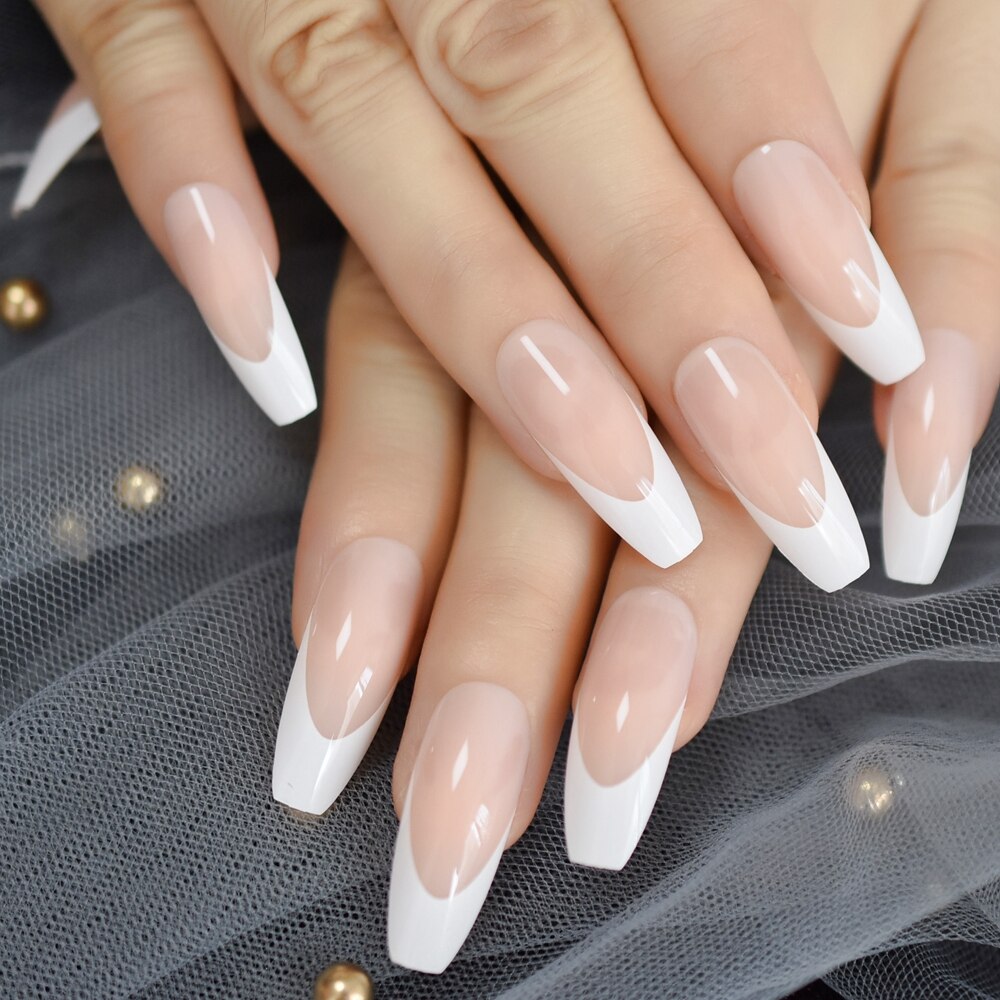 Lång glänsande fransk nagel naturlig naken helskydd plast konstgjorda naglar diy nageltips manikyr ballerina naglar