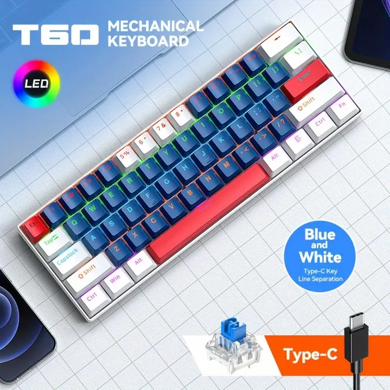 [USB-C Wired Mechanical Keyboard] 61-Key Mechanical Keyboard, Dual-Tone Injection Keycaps, -Swappable, USB-C Wired: Olive