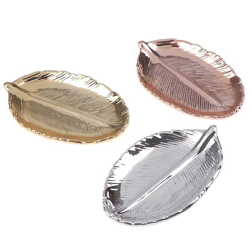 Platos con forma de hoja de cerámica, joyería para árbol y hojas, bandeja de almacenamiento plateados, cerámica, joyería, baratija, 1 unidad