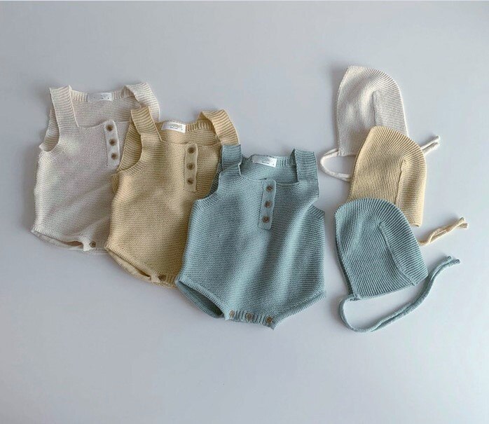 Herfst Baby Jongens Meisjes Gebreide Candy Kleur Mouwloze Bodysuit Met Caps Zuigelingen Katoen Warm Overall