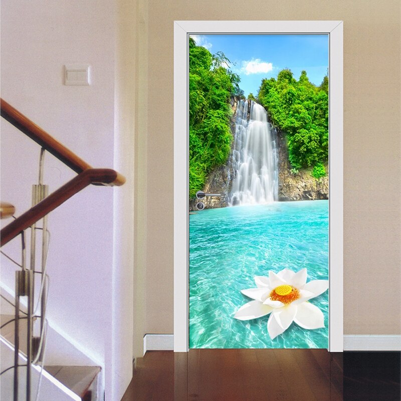 Waterfalls Landscape Door Sticker Living Room Kitchen Waterproof Wallpaper PVC Self-Adhesive 3D Wall Mural Home Decor Door Decal