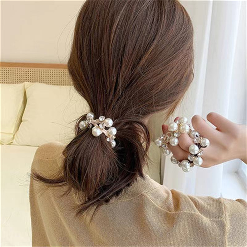 Anillo de pelo de perla para mujer, tocado de intestino de perla de terciopelo negro, diamantes de imitación brillantes para niña, accesorios para el cabello