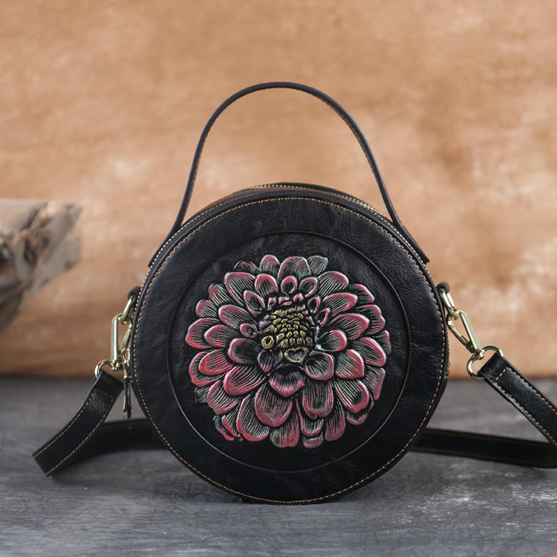Johnature handgemaakte reliëf leren damestas met vintage bloemenprint, kleine handtas, luxe schoudertassen voor dames: Zwart