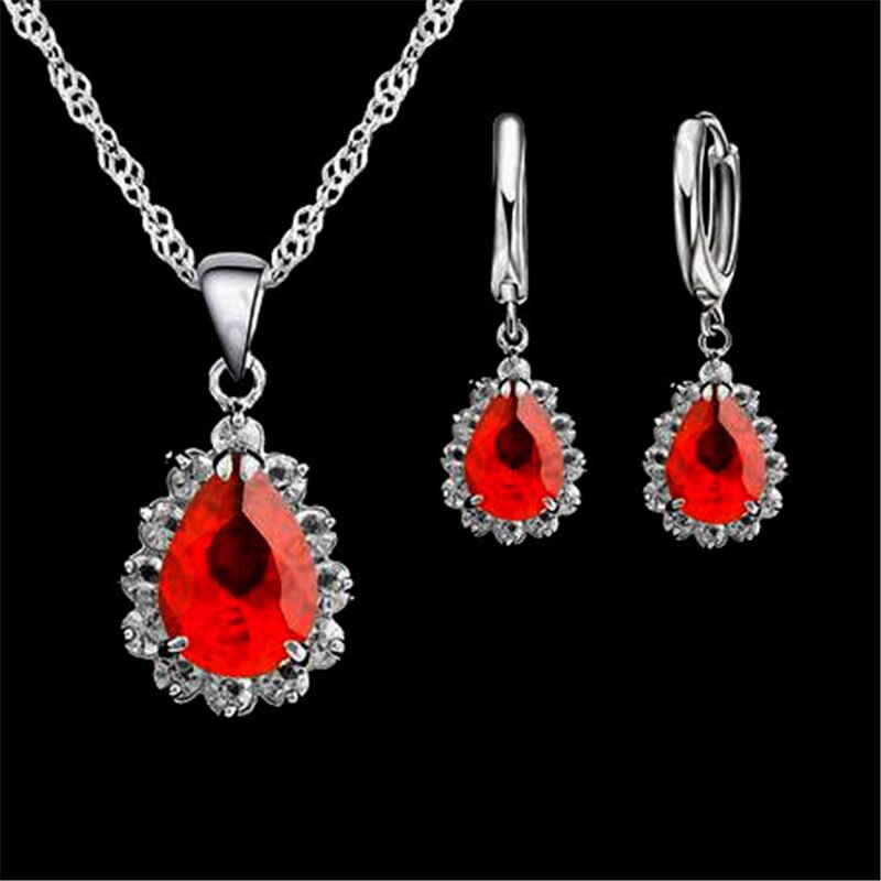 925 Sterling Silver Earrings Necklace Sets Pink/Blue/Gray/Red/Green/Purple Drops Water The Crystal For Women Wedding: Red