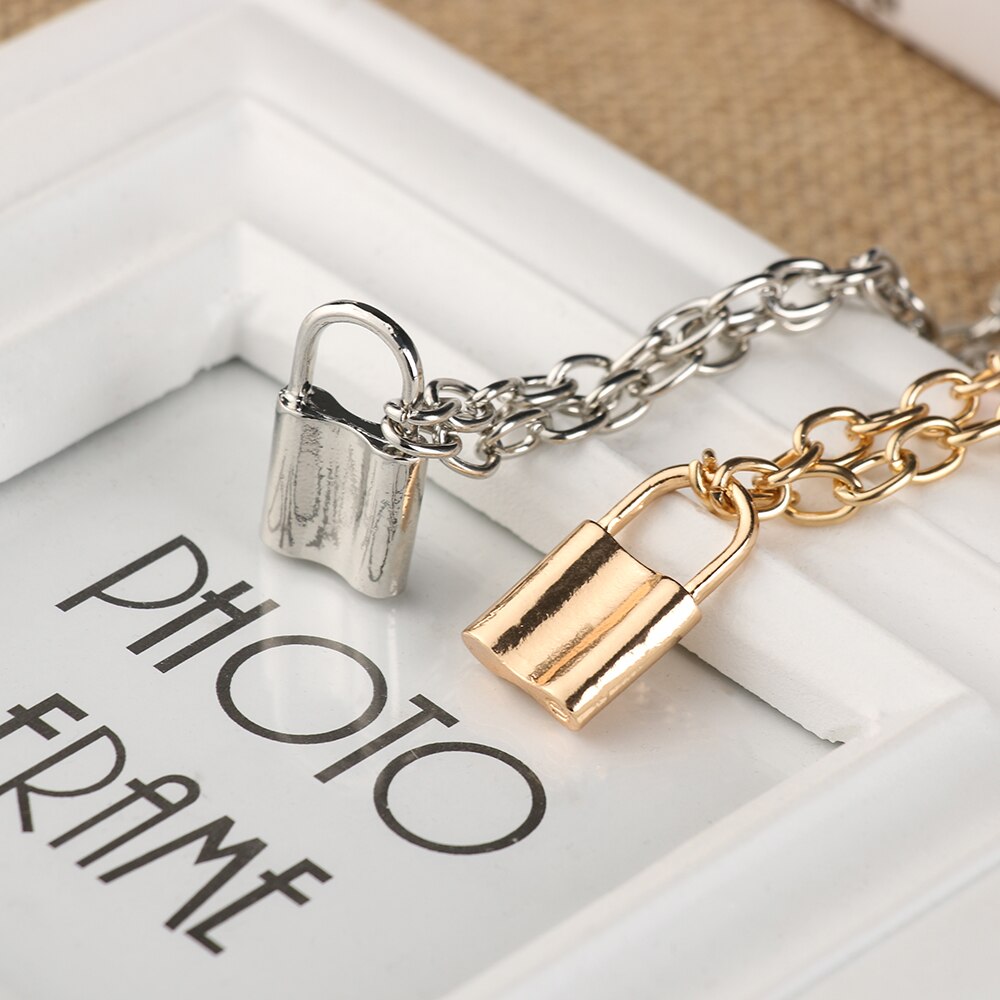 1pc Punk bijoux or argent couleur cadenas pendentif collier en acier inoxydable Rolo câble chaîne collier