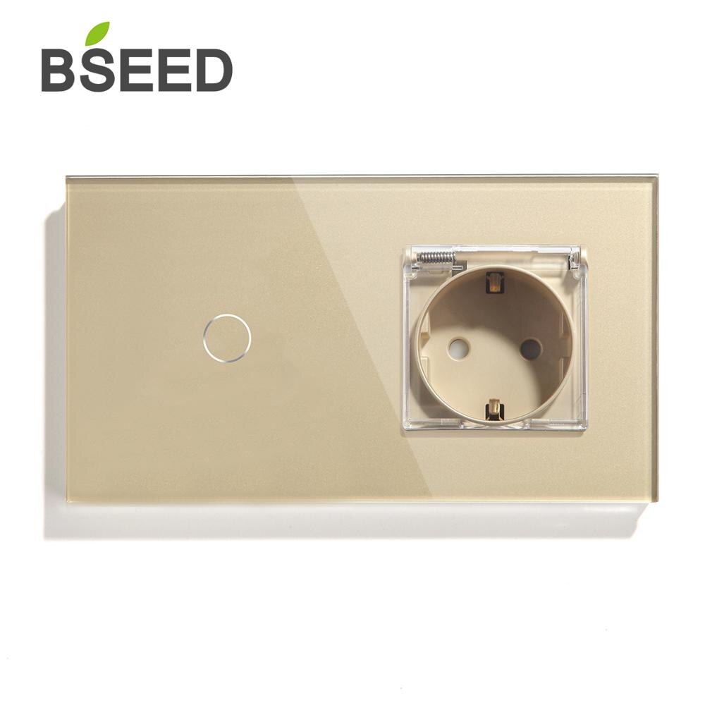 BSEED Waterproof EU Standard Wall Socket Switch 1Gang 1 Way 2 Way Switch 3 Colors Crystal Glass Panel Touch Switch