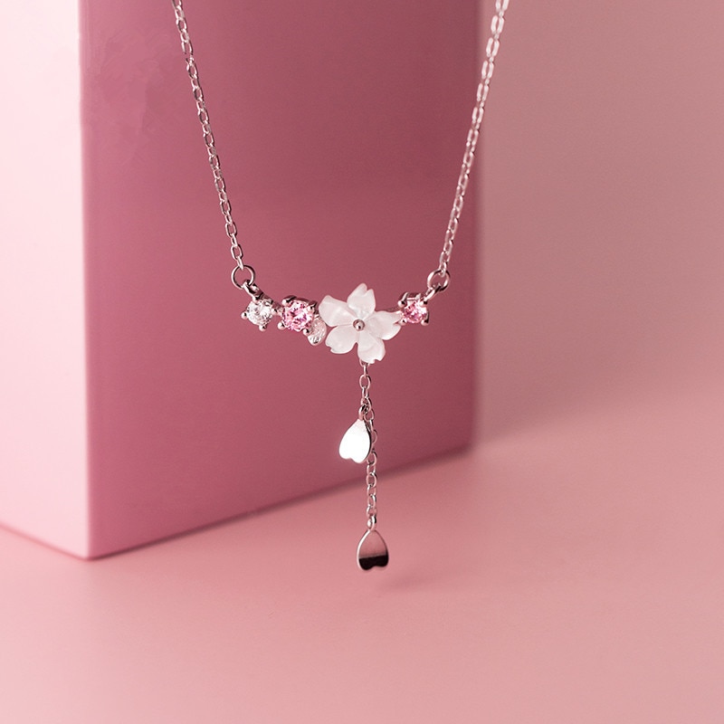 Collana lunga della nappa delle coperture del fiore della ciliegia dell'argento sterlina 925 per le donne collana a catena della clavicola del pendente del cuore dolce S-N703