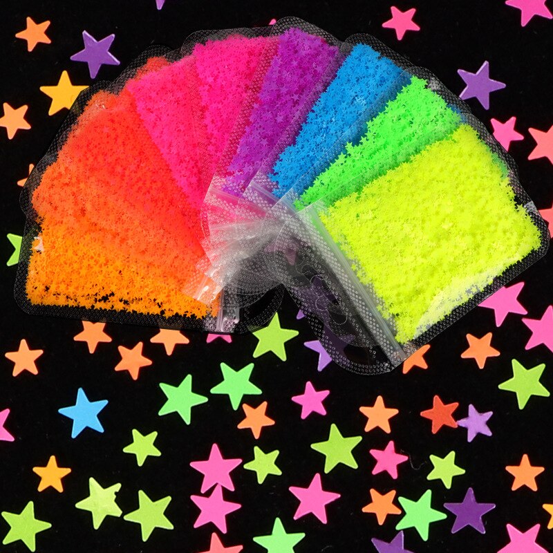Fluorescens stjerneformet nail art ultratynde glitter skiver decals neon 3mm/4mm mix negle glitter pailletter flager manicure tips