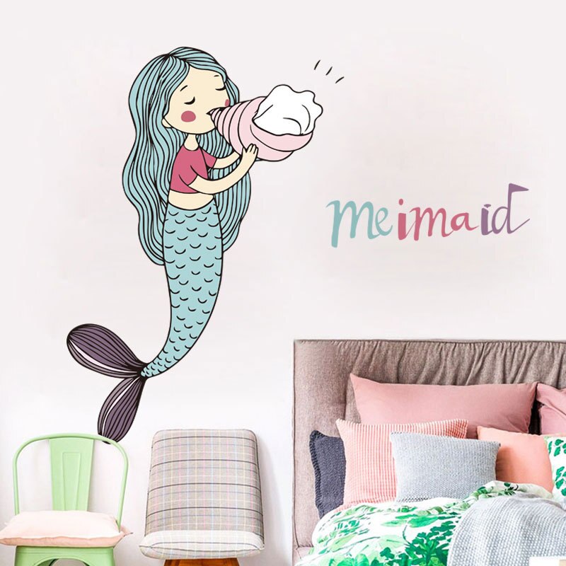 Cartoon mermaid blowing conch Wall Sticker for baby girl's room bedroom decorations wallpaper Mural nursery mermaid stickers