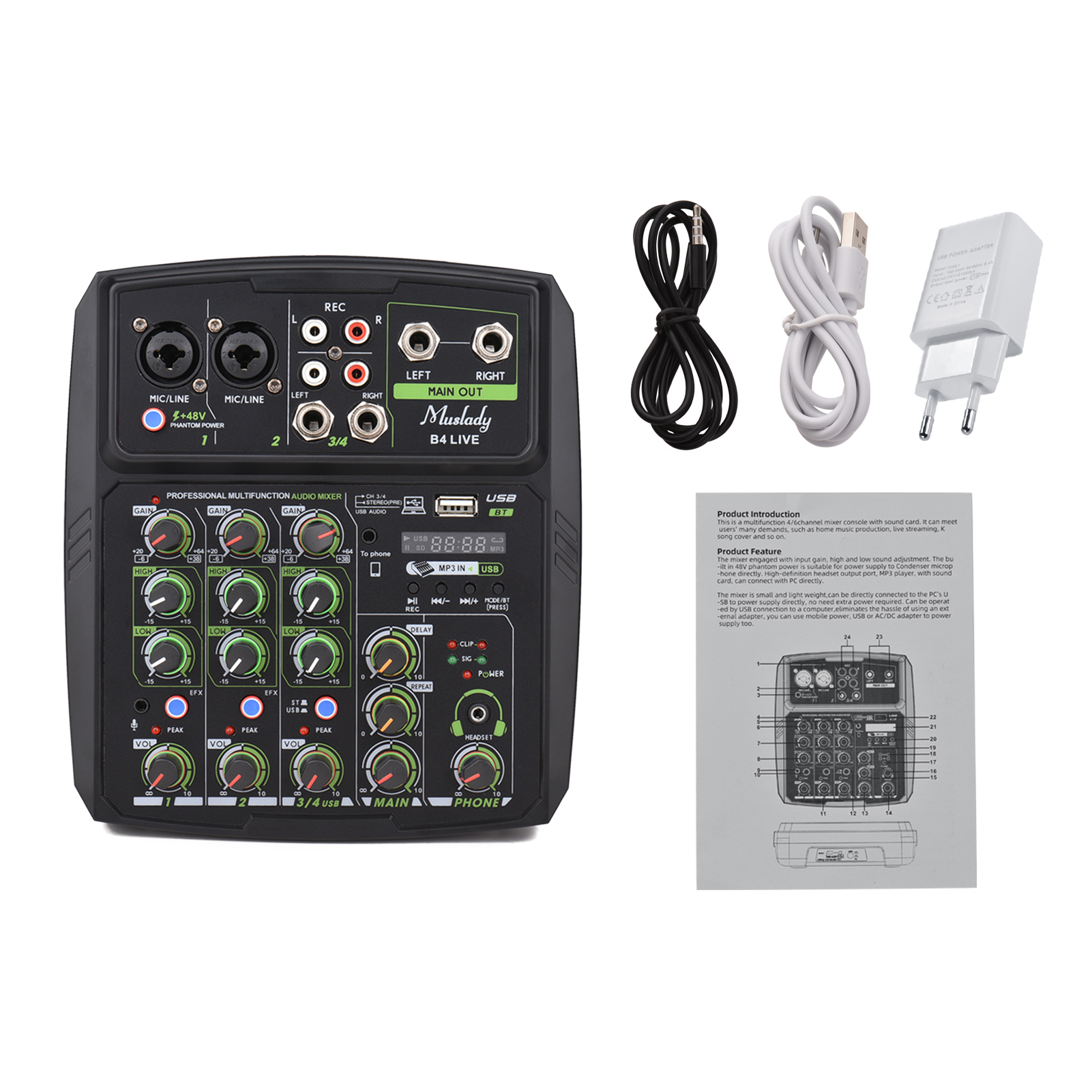 Muslady 4-Channel Audio Mixer Mixing Console LED Screen Built-in Soundcard USB BT Connection with 2-band EQ Gain Delay