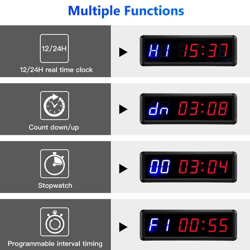 LED Interval 1.5Inch 6 Digits Gym Workout Timer Count Down Clock Stopwatch Timer with Remote for Home Fitness EU Plug