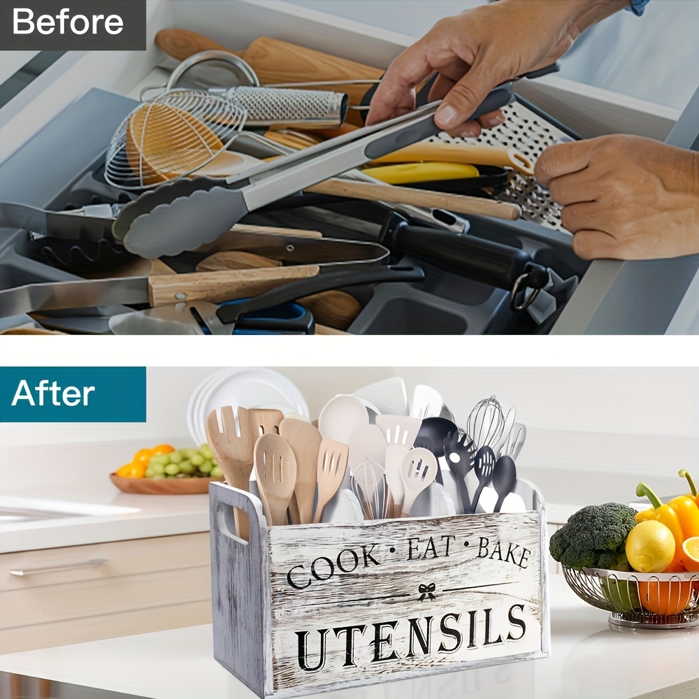 Soporte para utensilios de cocina con 3 compartimentos, organizador de utensilios de madera para encimera de cocina, decoración de cocina, utensilio de cocina