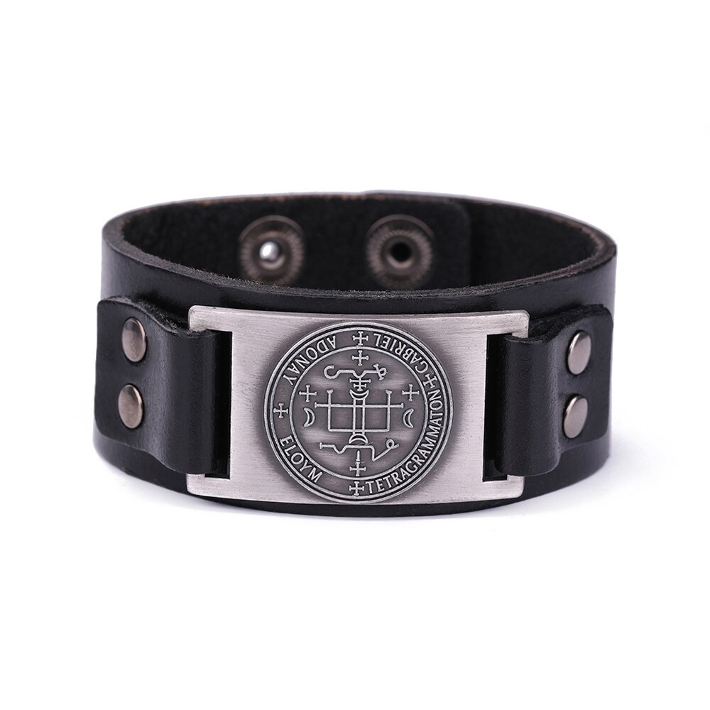 Skyrim Sigil Van Aartsengel Viking Brede Leren Armband Michael Raphael Talisman Vintage Angel Gothic Vermogen Bangles Man Sieraden: black-silver