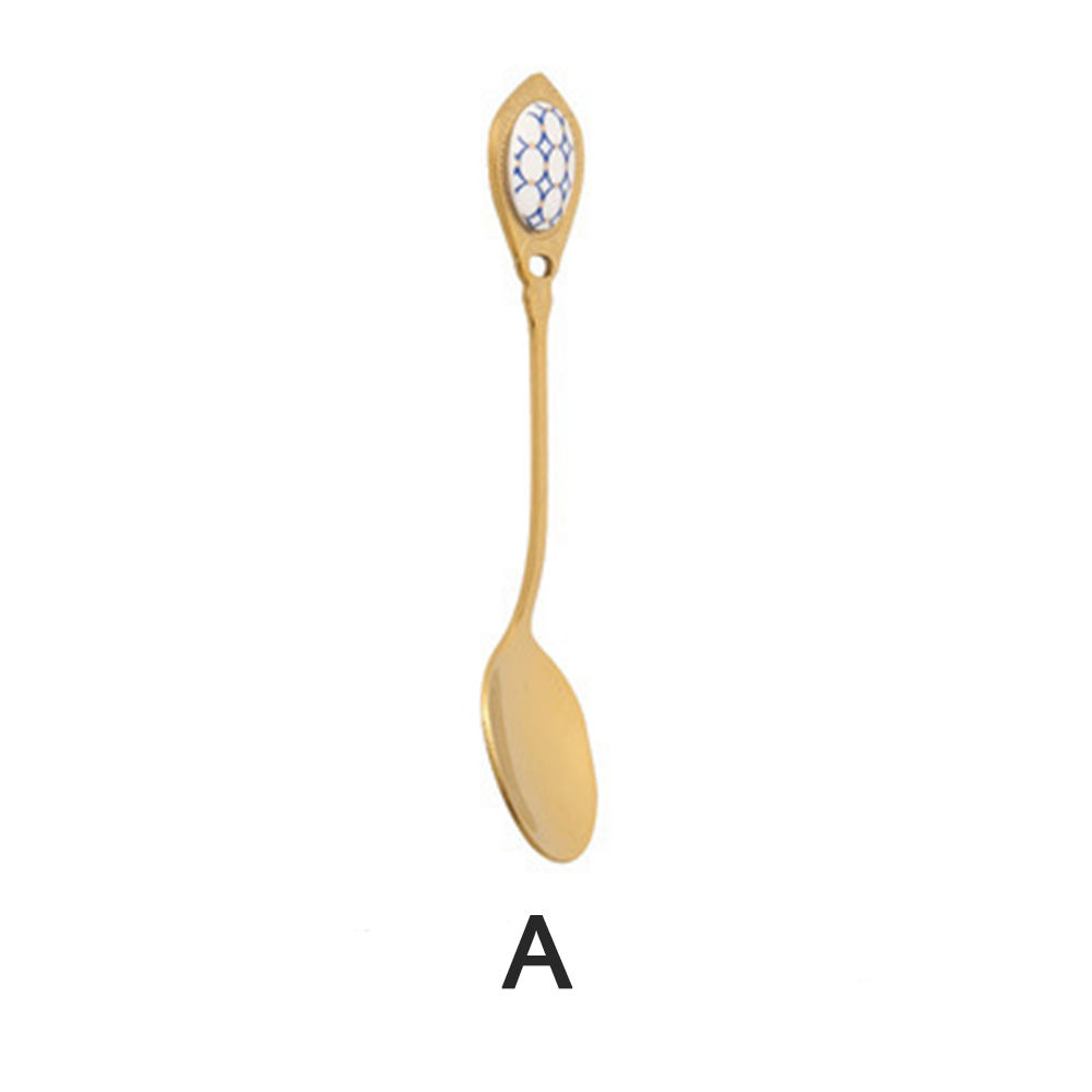 Stainless Steel Spoons Ceramic Handle Tea Coffee Scoop Vintage Gold Plating Dessert Spoon High Grade Cake Scoop Tool: A