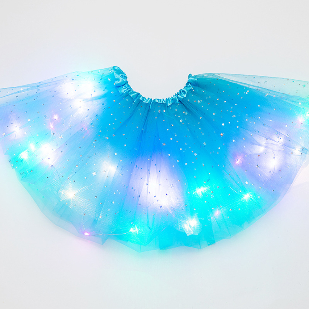 Piger børn tutu nederdel glitter tøj underkjole prinsesse tyl dansetøj magisk lys fluffy ballet fest stjerner paillet: Søblå