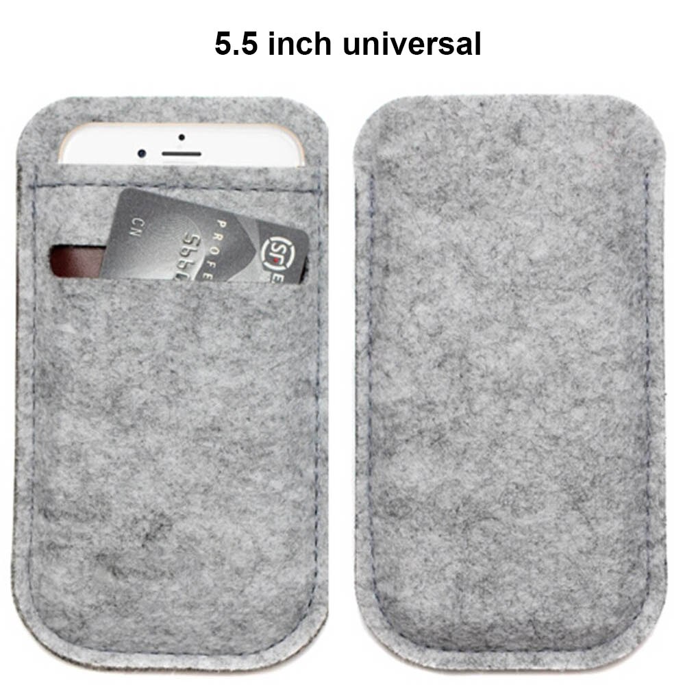 Universal Wool Felt Case Bag For 4.7 5.5 inch Mobile Phone Case Wallet Bag Card Slot Pouch Cover for iPhone 6 7 8 Plus Samsung: 5.5 inch-light grey