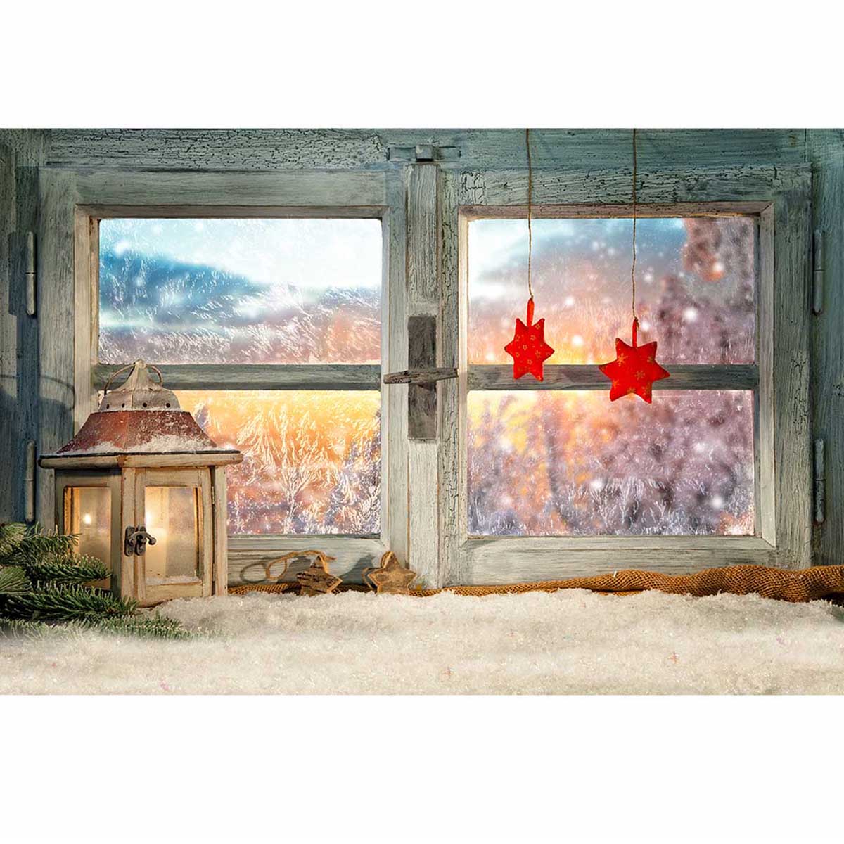 Winter Snowing Photography Background Forest Wood Wall Window Snowflake Stars Christmas Backdrop for Birthday Party Photo Studio: 250x180cm / Sky blue