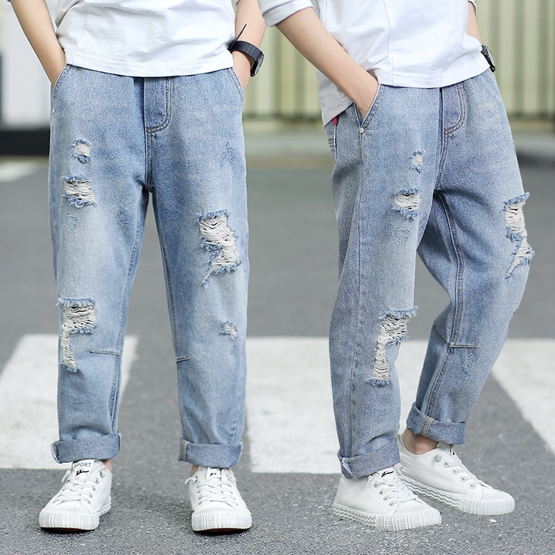 Børn jeans teenage drenge forår klassisk lang bukser hul denim bukser barn afslappet jeans til drenge tøj 16 år