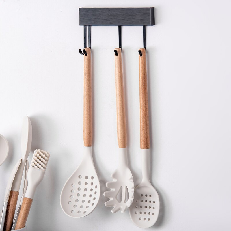 1PCS Silicone Utensils With Wooden White Cooking Kitchenware Tool Multifunction Handle Non-Stick Spatula Ladle Egg Beaters