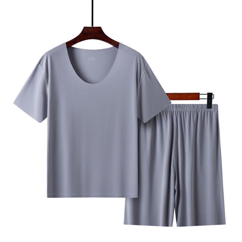 Pijama de dos piezas de seda de hielo para hombre, ropa deportiva informal de verano para el hogar, traje de manga corta sin costuras, cuello redondo, talla grande: gray / XXL