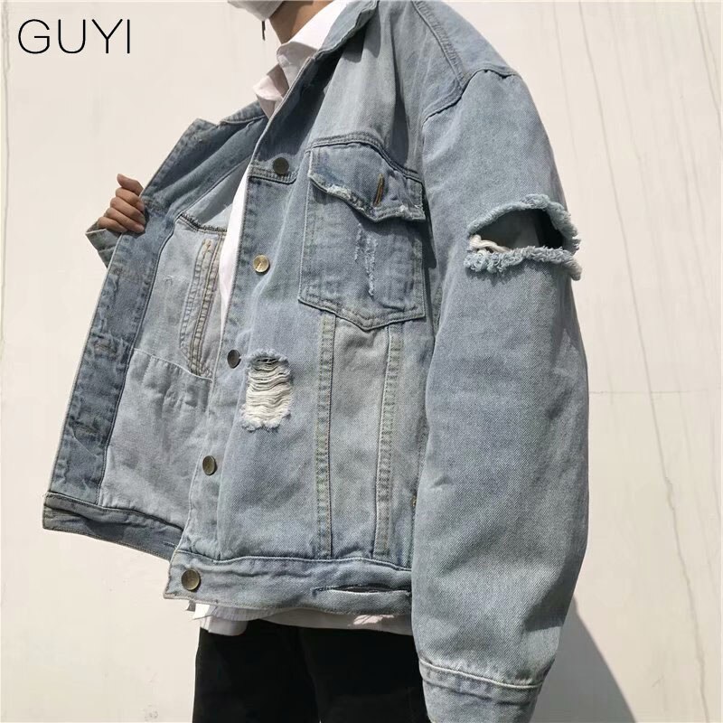 GUYI Retro carta rasgada chaquetas de mezclilla hombres de gran tamaño de manga larga agujero prendas de vestir y abrigos de Streetwear chaquetas de Hip Hop Casual