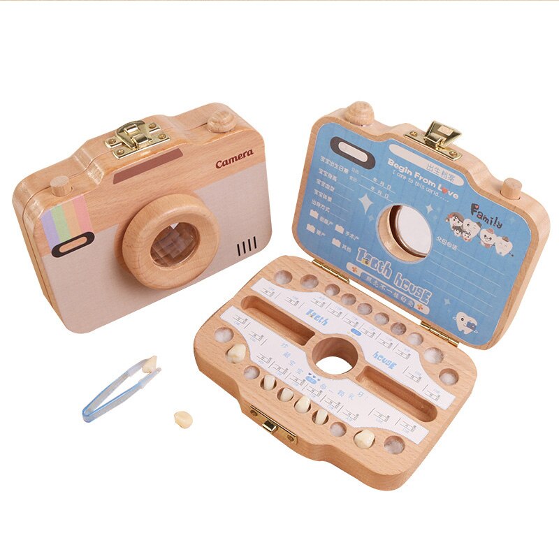 Caja de dientes con forma de cámara para niños, organizador de madera para guardar dientes de leche, gran