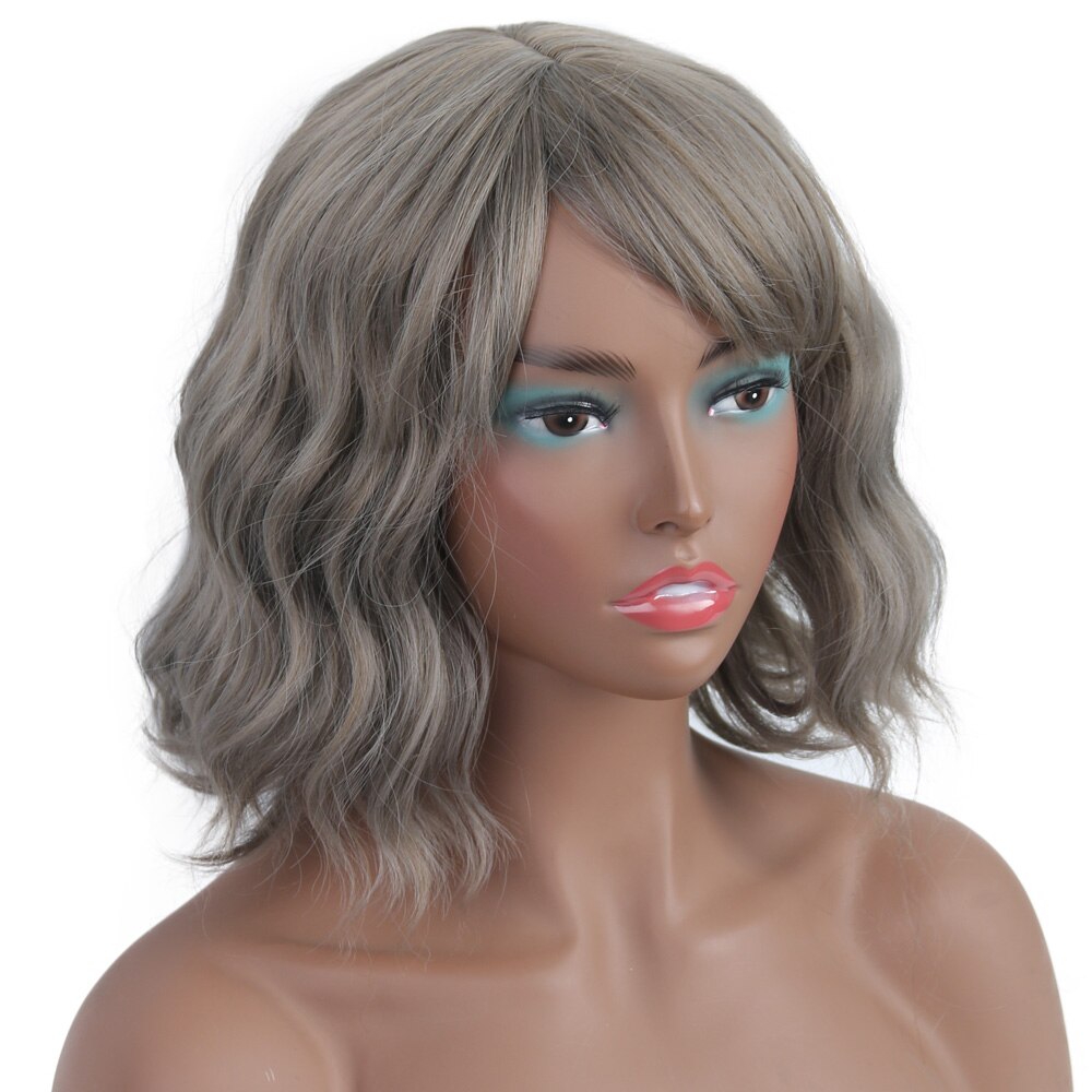 MODERN QUEEN 12" Short Water Wave Wig with Bangs Mix Grey Synthetic Wigs for Women Brown Cosplay Bob Wigs Female Daily Party: hui se wig