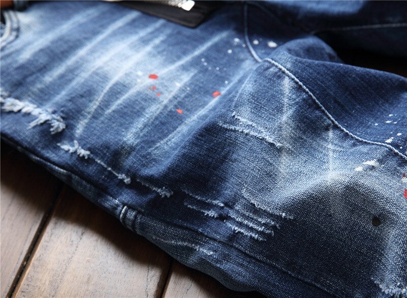 Licht Luxe Mannen Slim-Fit Ripped Blauw Denim Broek, Dot Print Decorating Jeans, white Wash Stijlvolle Sexy Straat Jeans