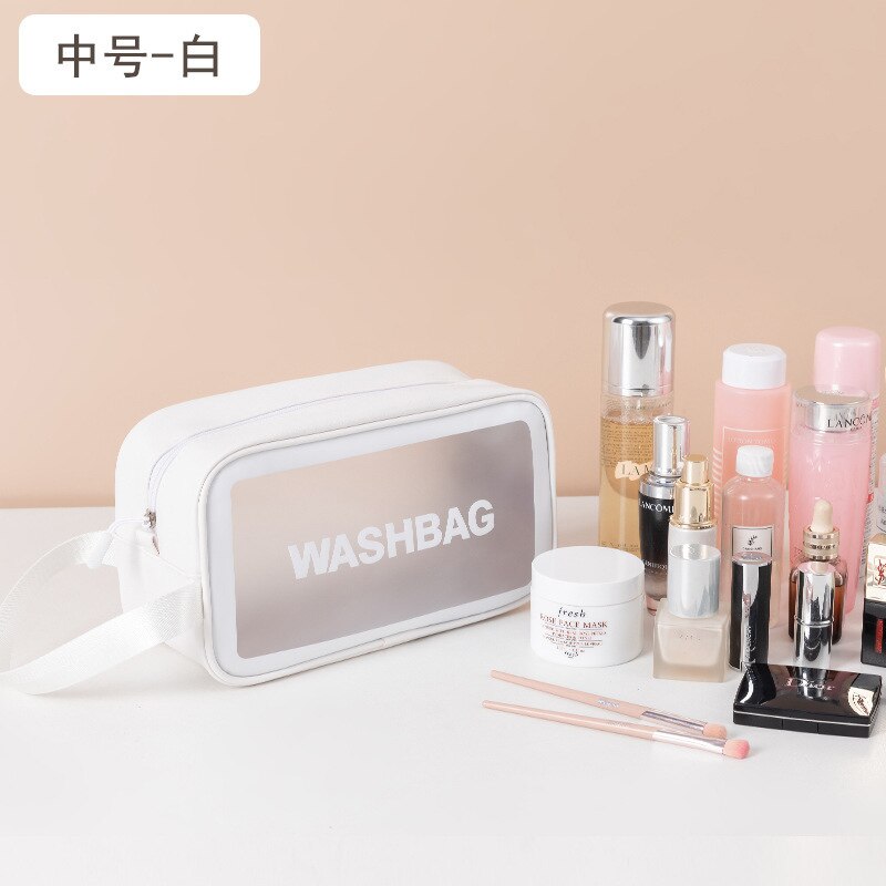 Stijlvolle brief toilettas pu make-up tas transparante reisorganizer toilettassen hoge capaciteit waterdichte dames cosmetische tassen: Middelwit