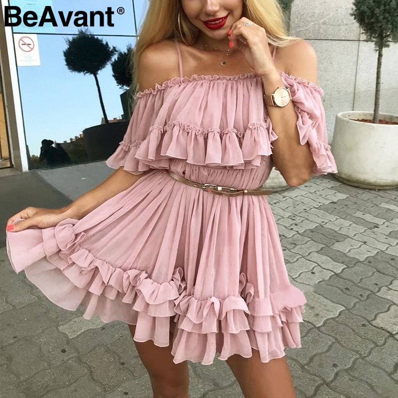Beavant off shoulder rem chiffon sommerkjoler kvinder flæser plisseret kort kjole pink løs strand minikjole