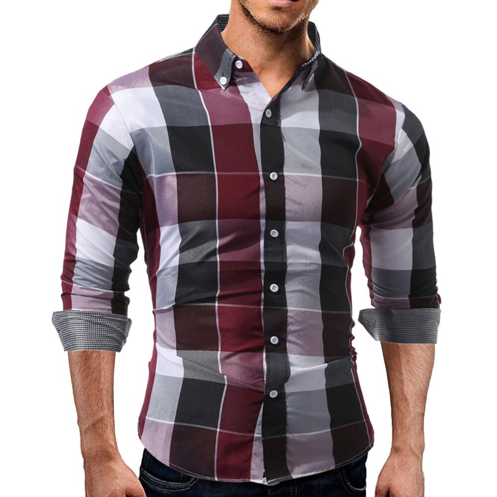 Luksus herre klassiske lange ærmer plaid skjorter formel afslappet smart slim fit stilfulde toppe: Rød / L