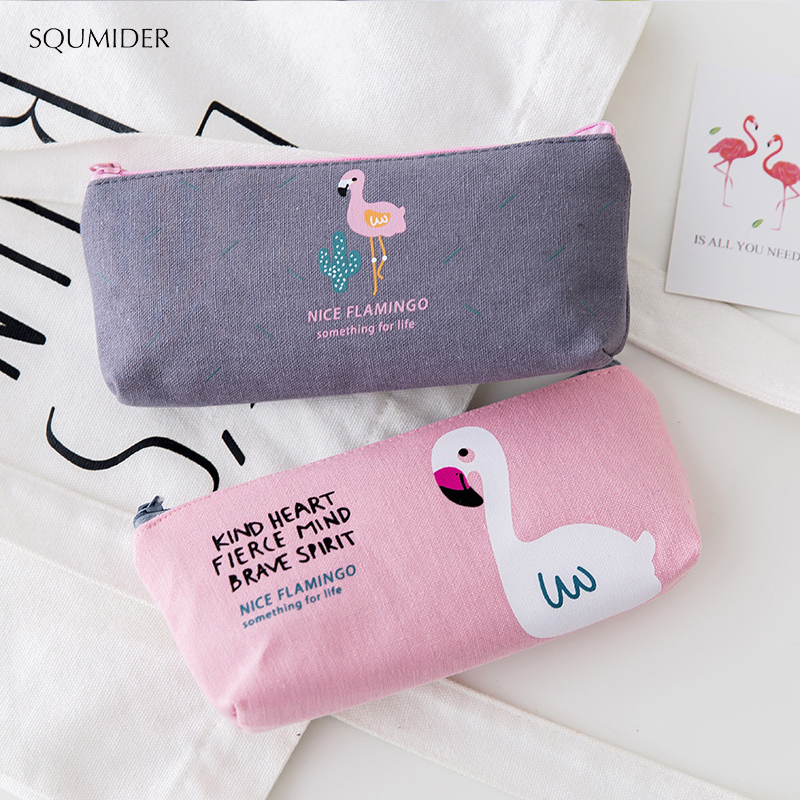 SQUMIDER 1PC Cute Flamingo Canvas Pencil Cases Stationery Storage Pen Bag School Office Pencil Bags Lovely Pencil Pouch