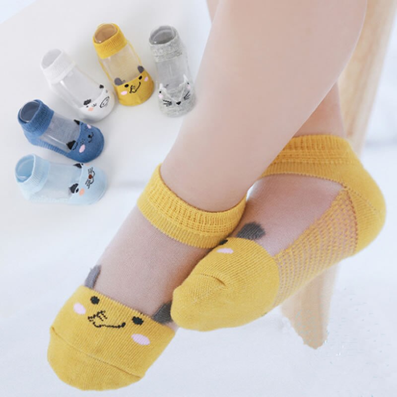 Calcetines de algodón de malla delgada de verano para niños, calcetines de seda de hielo para bebé, calcetines de barco de personajes de dibujos transpirables