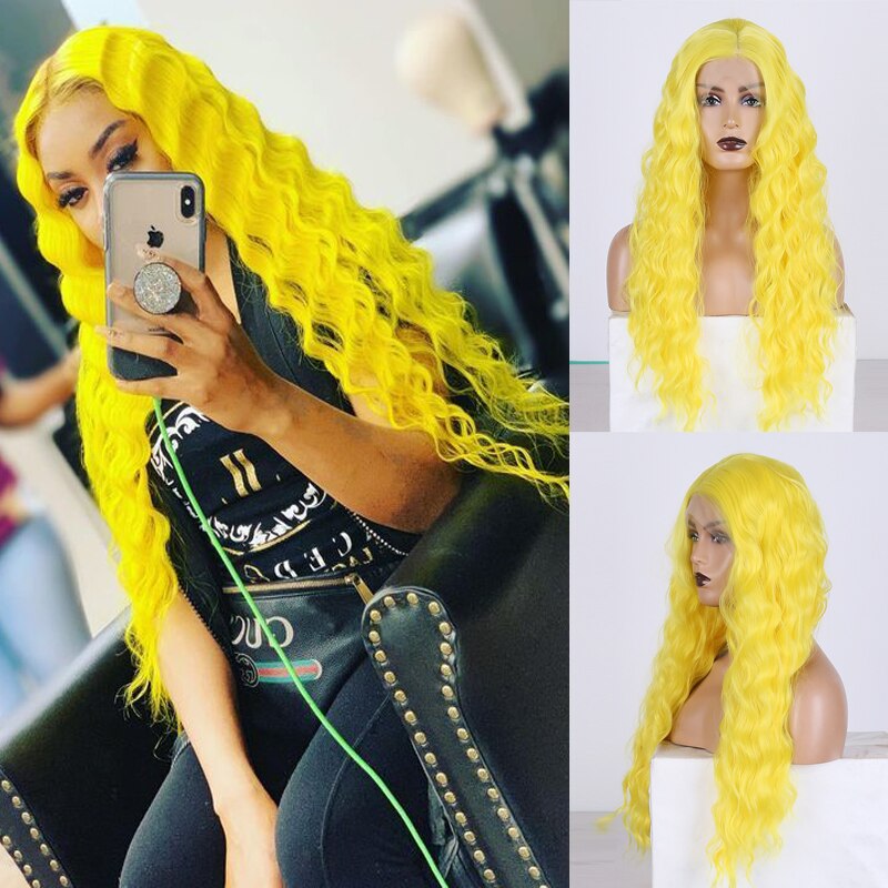 RONGDUOYI Yellow Hair Deep Wave Lace Wig Long Fiber Synthetic Lace Front Wigs for Women Heat Resistant Hair Cosplay Wig