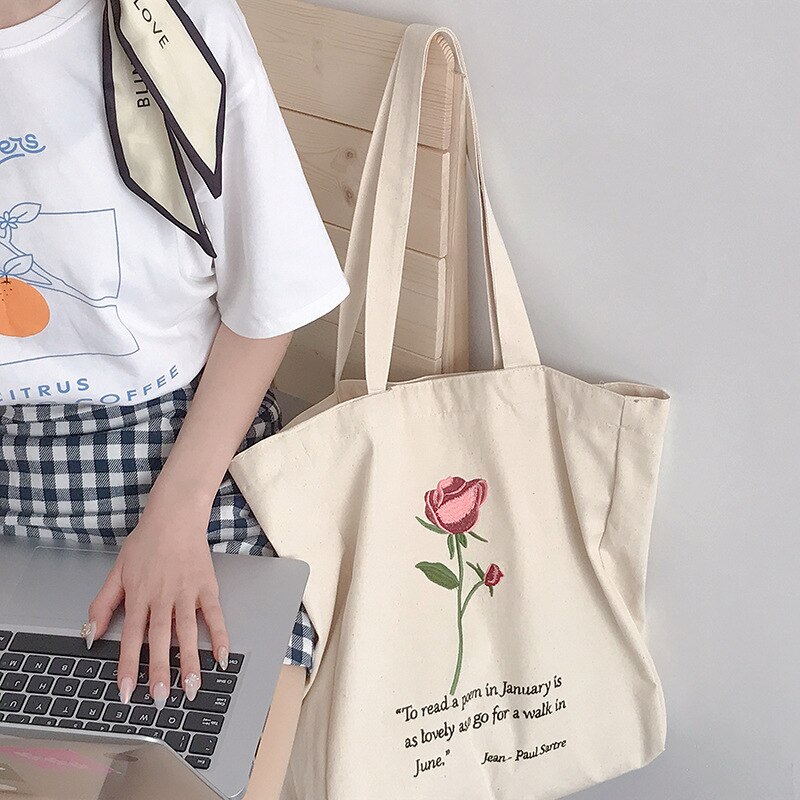 Vrouwen Canvas Schoudertas Jean-Paul Sartre Rose Borduren Boodschappentas Katoenen Doek Handtas Tote Boeken Tassen Voor College meisjes