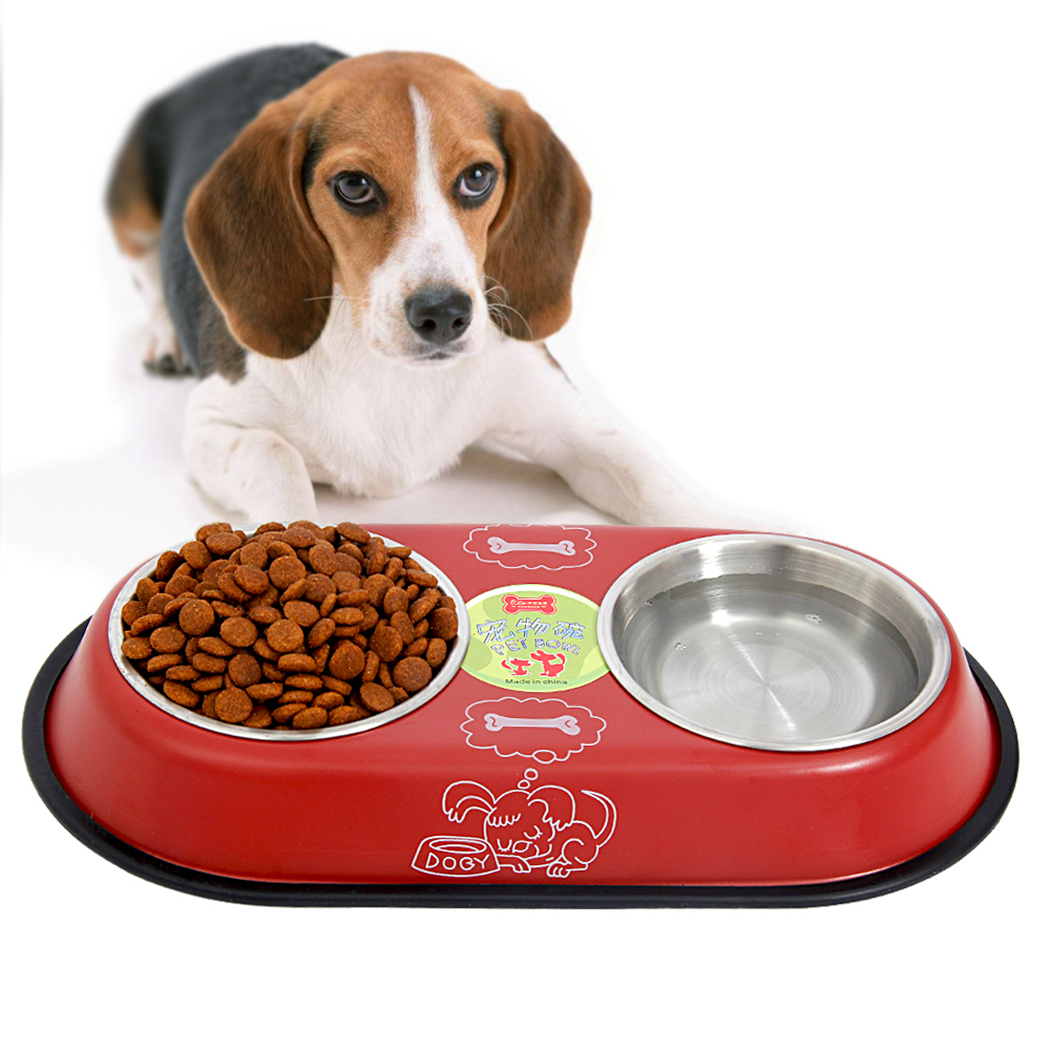 Double bol en acier inoxydable mangeoire pour animal domestique antidérapant, de sécurité, dessin animé animal de compagnie, Teddy chat chiens chats, bol de nourriture pour chiens