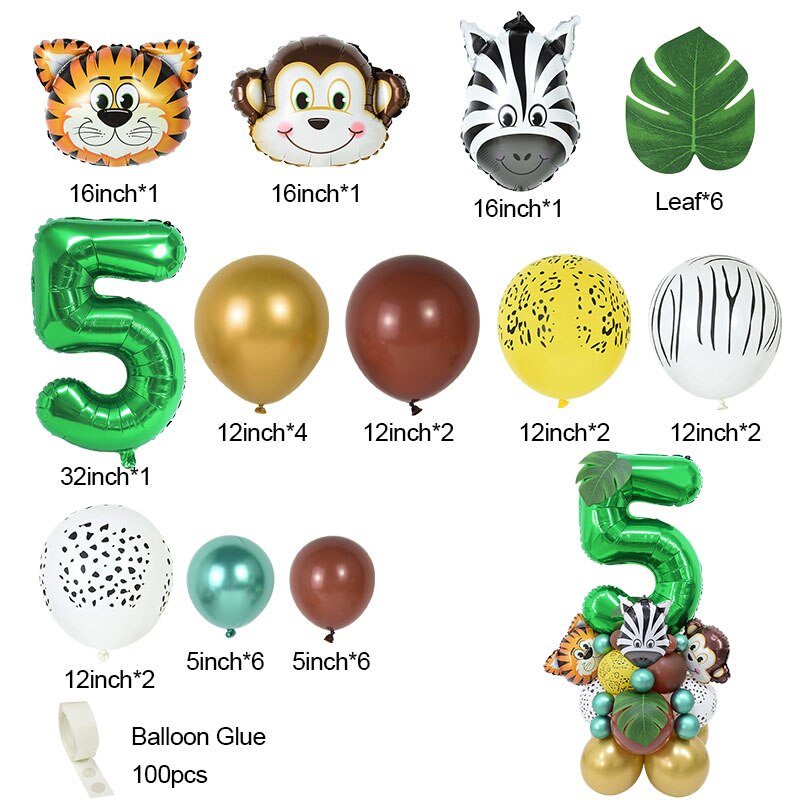 Conjunto de globos con número de animales de Safari para niños, decoración para de cumpleaños de 1 a 9 años, suministros para Baby Shower, 35 piezas: Number5 Set