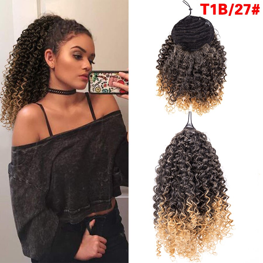 Leons billig krøllet hestehale 9/13.5 tommer kinky krøllet hestehale klips i hestehale hårforlengelse syntetisk hestehale extensions: T1b-27 / 9 tommer