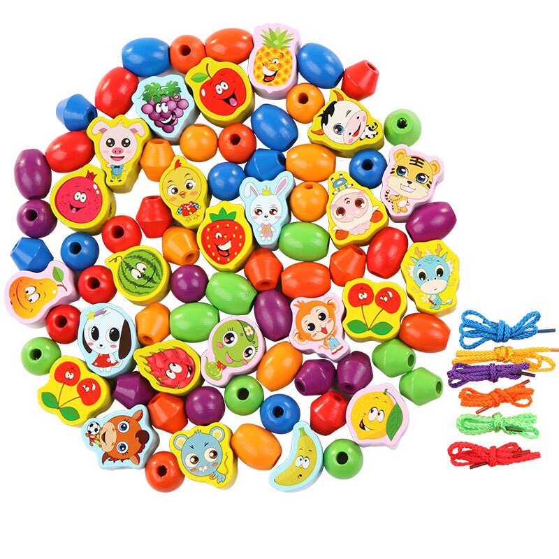 Kids Wooden Toys Cartoon Fruit Animal Beaded Toys Pull Lace Wood Beads Game Puzzle DIY Matching Accessories Beads